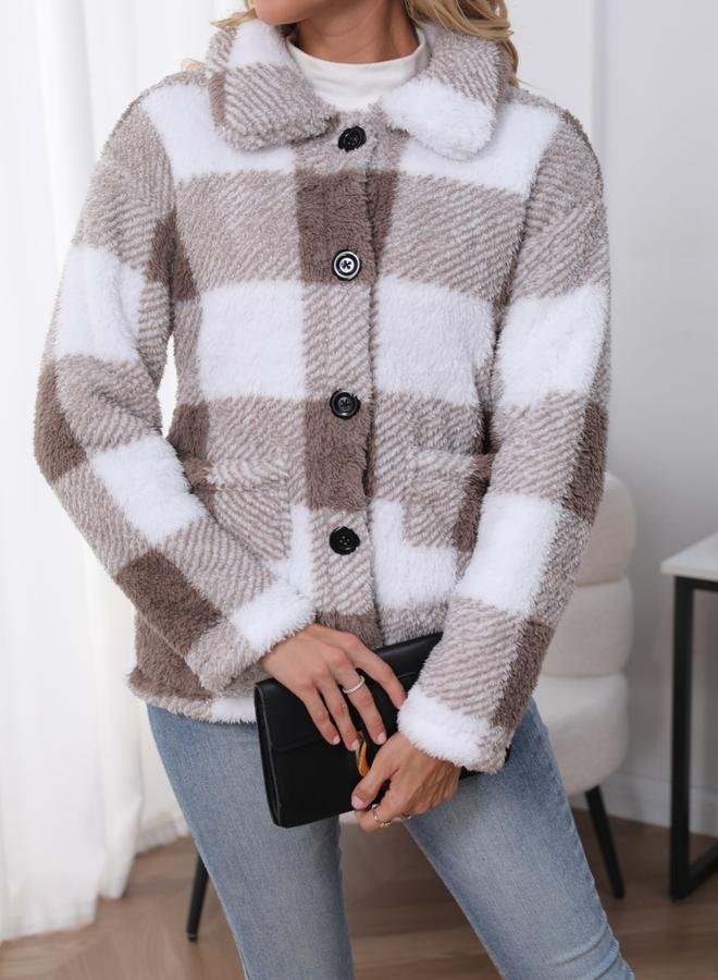 Take Two Women Checked Button Front Pocket Detail Plush Coat - Image 5