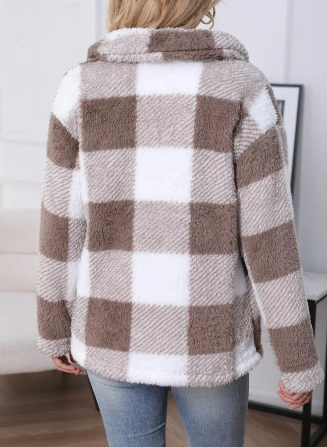 Take Two Take Two Women Checked Button Front Pocket Detail Plush Coat