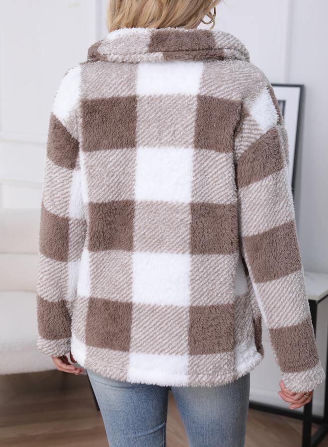 Take Two Women Checked Button Front Pocket Detail Plush Coat - Image 2