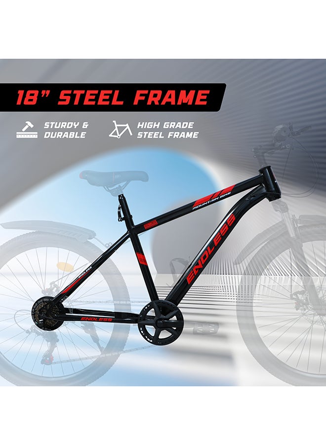 ENDLESS  High Carbon Steel Mountain Bike|18 Inch Frame Size | 27.5 Inch Wheel Size | 7 Speed Shimano Gear | Dual Disc Brakes | Bike For Men & Women | Black Red Color - Image 4
