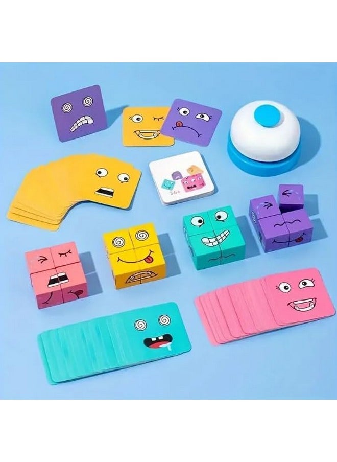 Sky Tech ® Face Changing Cube Building Blocks Puzzle, Wooden Face Expression Toy, Educational Face Matching Family Board Game (16 Wooden Puzzles And 72 Cards) (With Bell)  - Image 2