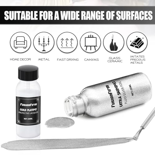 FusionFirm Liquid Silver Leaf Paint Kit - Alcohol-Based Quick Dry Ultra Shiny Metallic Gilding Paint for Crafts, Resin Art, DIY Decor | High Gloss Finish with Varnish | 2 x 30ml Bottles - Image 2