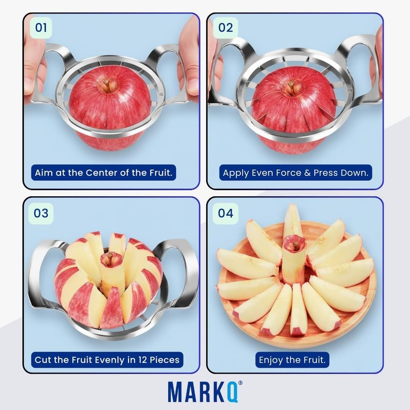 مارك قطّاعة تفاح – 12 شفرة كبيرة من الستانلس ستيل لتقطيع وتفريغ التفاح، أداة مطبخ يدوية قوية وسهلة الاستخدام للفواكه والخضروات (فضي) - Image 3