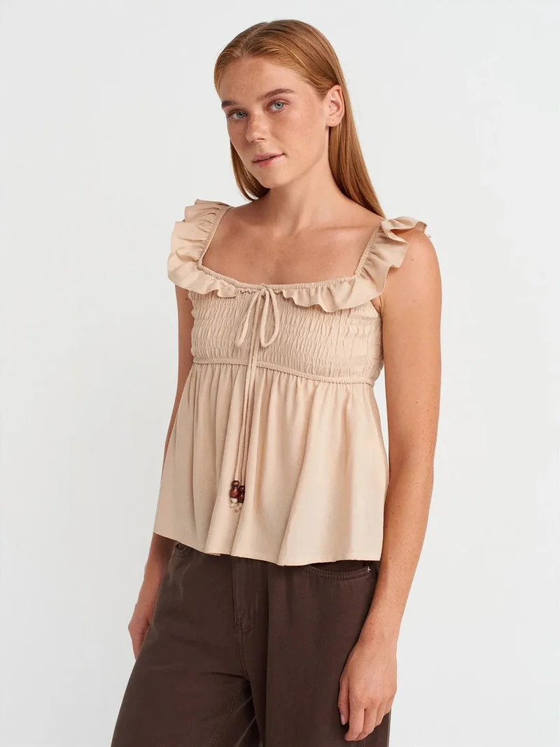 ديلفين Dilvin Sleeveless Square-neck Blouse With Tie Front