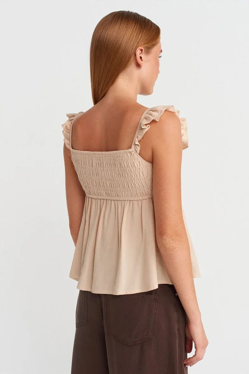 Dilvin Beige Natural DILVIN Sleeveless Square-neck Blouse With Tie Front for Women | Best Price UAE
