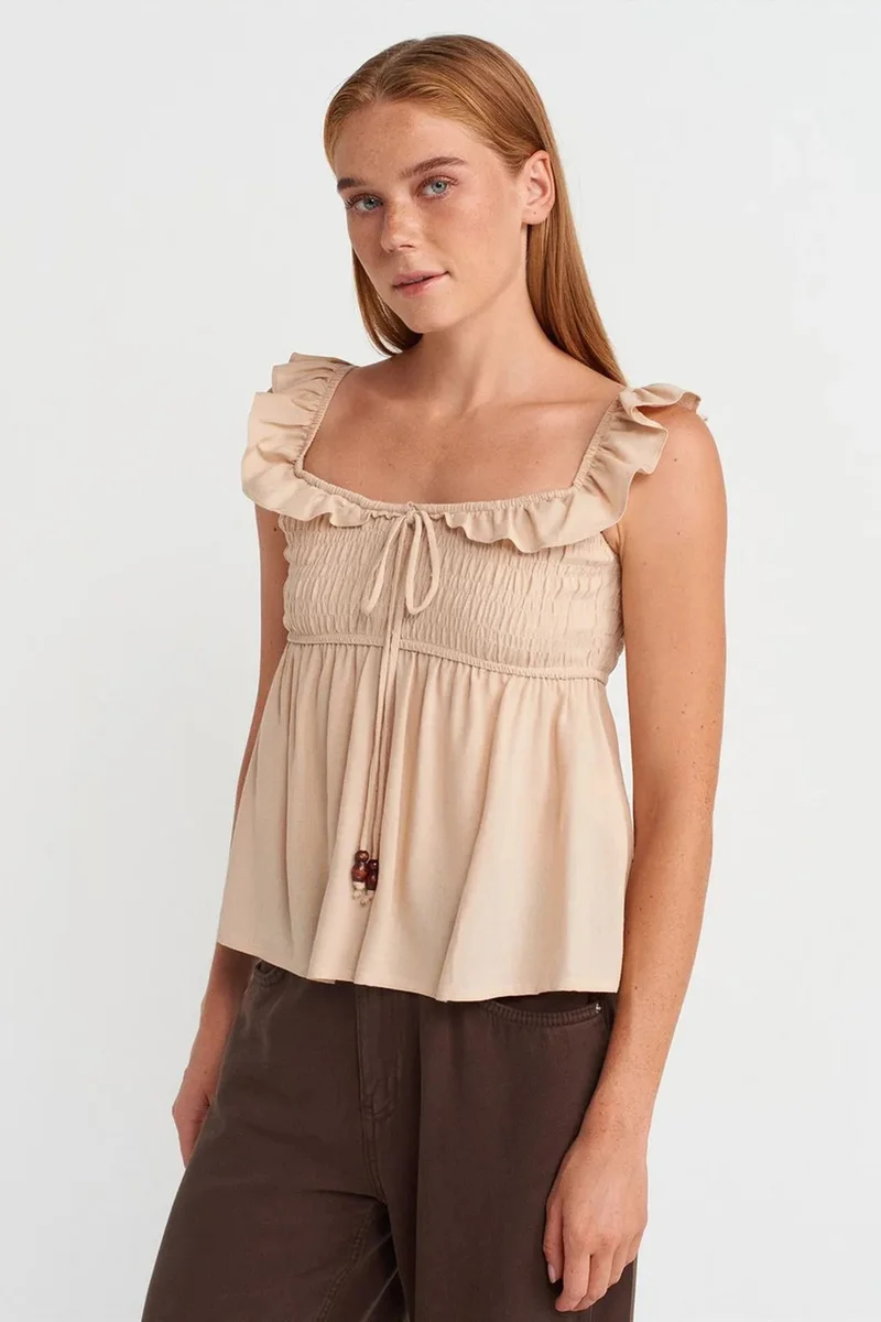 DILVIN Sleeveless Square-neck Blouse With Tie Front