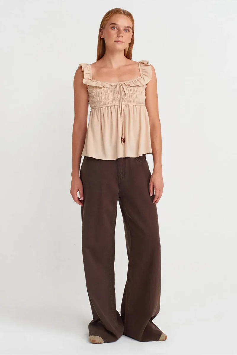 Dilvin Beige Natural DILVIN Sleeveless Square-neck Blouse With Tie Front for Women | Best Price UAE