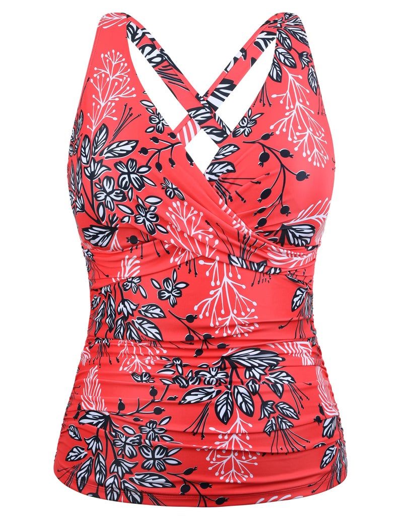 Firpearl Womens Underwire Tankini Swimsuits Tops Front Twist Bathing Suit Tops Ruched Tummy Control Tankinis Red Floral US12 - Image 1
