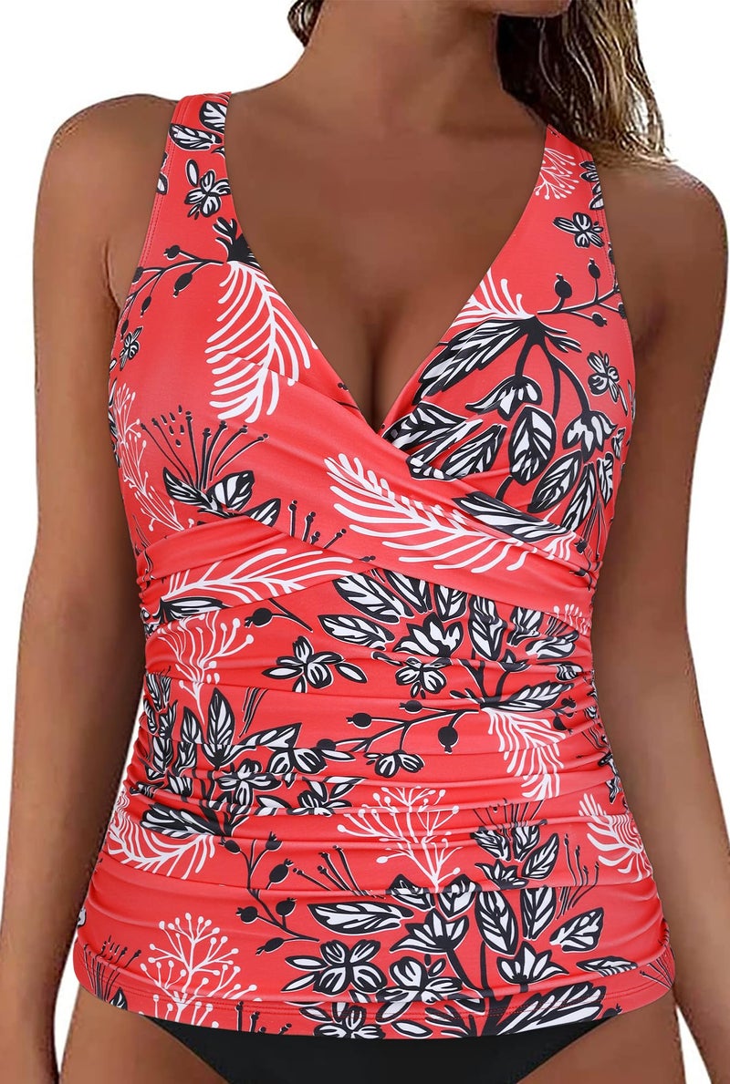 Firpearl Womens Underwire Tankini Swimsuits Tops Front Twist Bathing Suit Tops Ruched Tummy Control Tankinis Red Floral US12 - Image 2