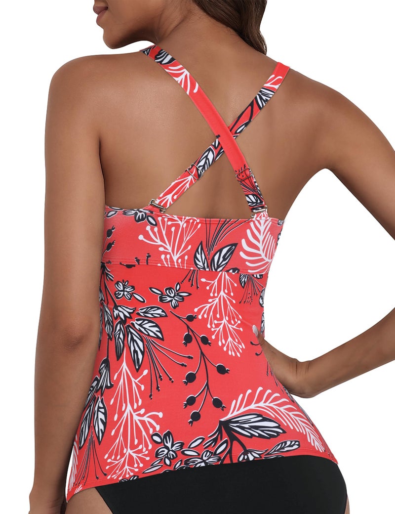 Firpearl Womens Underwire Tankini Swimsuits Tops Front Twist Bathing Suit Tops Ruched Tummy Control Tankinis Red Floral US12 - Image 3