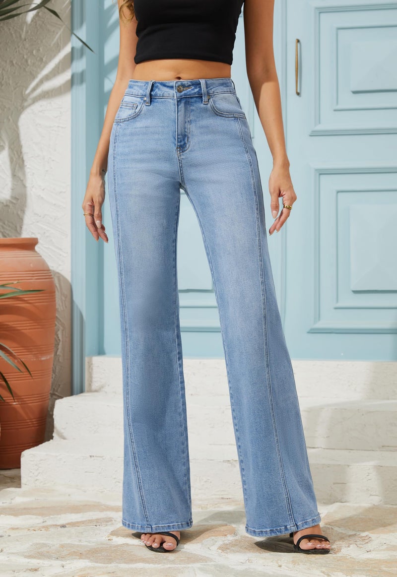FLYING BANANA Women's Wide Leg Jeans High Waisted Strechy Raw Hem Diagonal Slit Jeans (Light Blue, 10) - Image 2