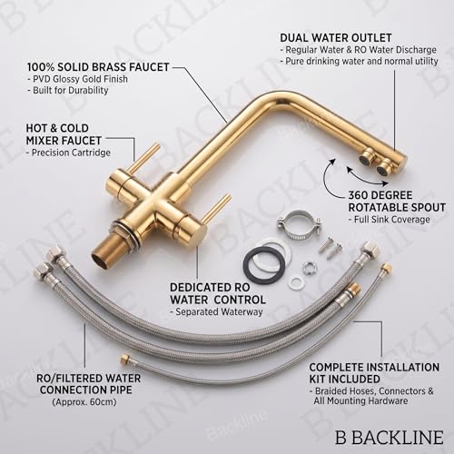 B Backline Brass Kitchen Mixer tap with RO Drinking Water Outlet | Double Lever Faucet for Kitchen Sink | Sink Tap with 360° Spout Rotation | Hot & Cold Kitchen Sink Faucet (Gold Glossy) - Image 3