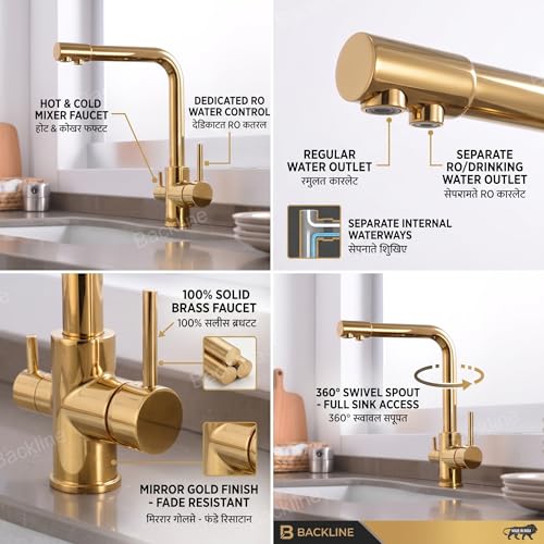 B Backline Brass Kitchen Mixer tap with RO Drinking Water Outlet | Double Lever Faucet for Kitchen Sink | Sink Tap with 360° Spout Rotation | Hot & Cold Kitchen Sink Faucet (Gold Glossy) - Image 2