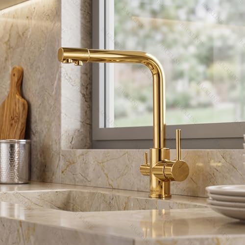 B Backline Brass Kitchen Mixer tap with RO Drinking Water Outlet | Double Lever Faucet for Kitchen Sink | Sink Tap with 360° Spout Rotation | Hot & Cold Kitchen Sink Faucet (Gold Glossy) - Image 1