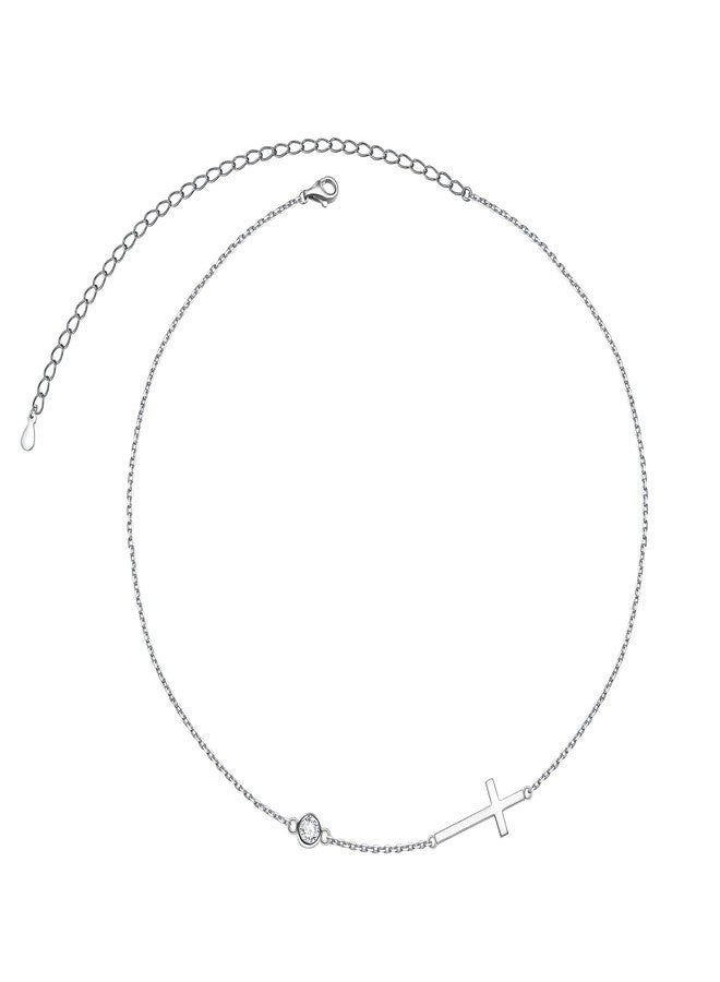 Yearace Cross Sideways Necklace, 925 Sterling Silver Dainty Cross Sideways Choker Necklace Adjustable Chain Women Jewelry for Her, Wife, Girlfriend - 14"+4" - Image 1