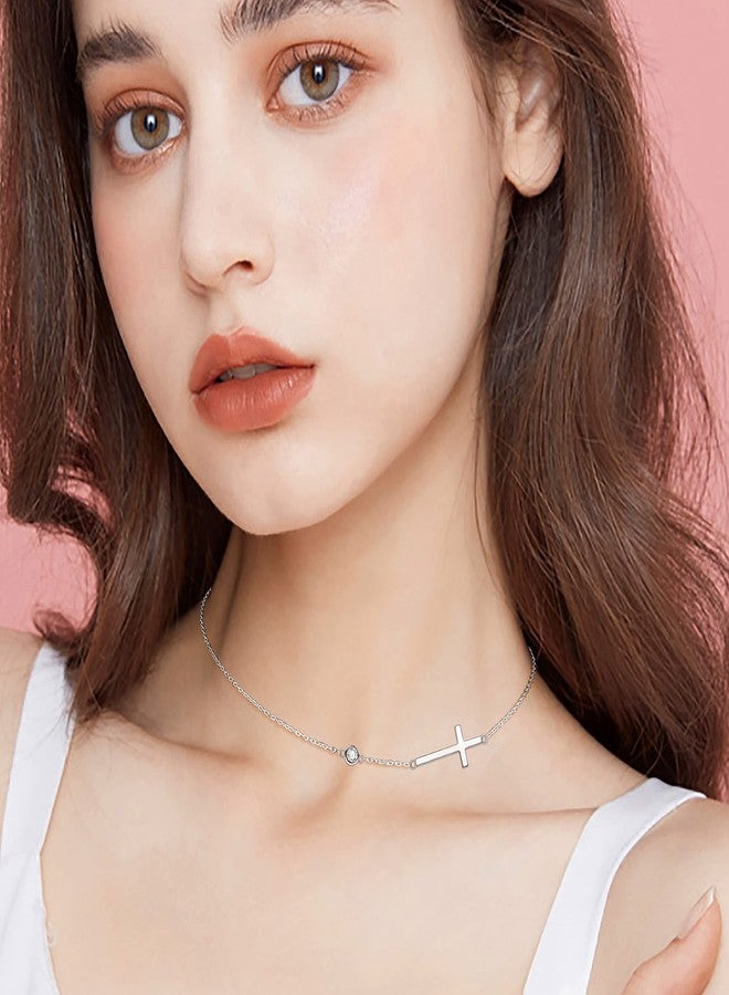 Yearace Cross Sideways Necklace, 925 Sterling Silver Dainty Cross Sideways Choker Necklace Adjustable Chain Women Jewelry for Her, Wife, Girlfriend - 14"+4" - Image 2