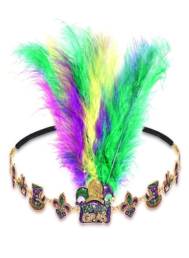 HZEYN Mardi Gras Headband with Feather, Glitter Crown Mask Fleur De Lis Stretch Headbands Hair Band Party Costume Headwear Hair Accessories