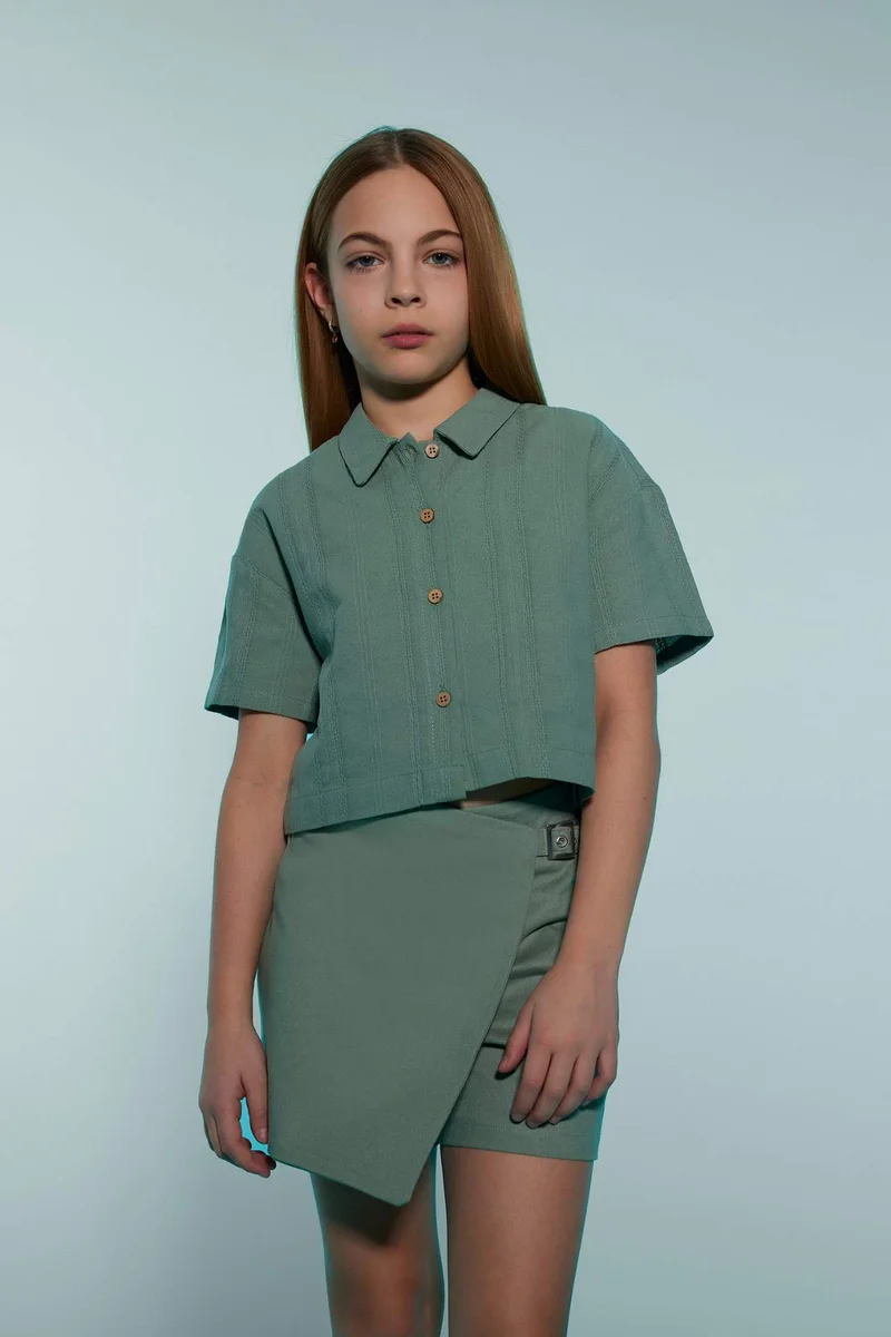 ديفاكتو Girl Crop Short Sleeve Linen Shirt