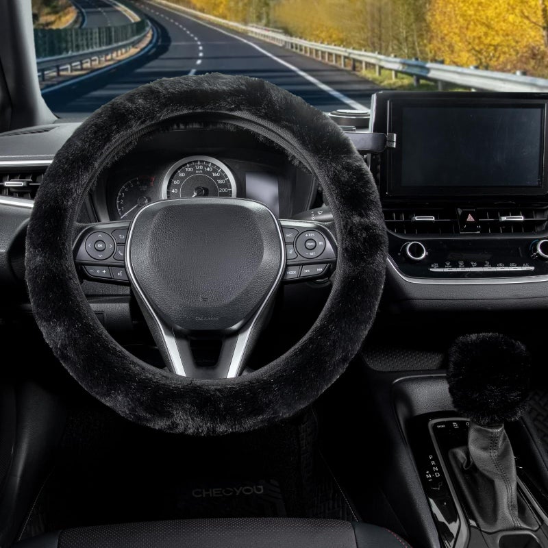 SEG Direct Furry Car Steering Wheel Cover with Fluffy Gear Shift Cover Soft Warm Non-Slip Car Decoration for Men Women Girls 2 PCS Set, Black - Image 2