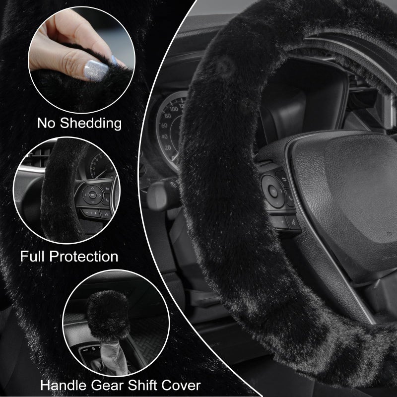 SEG Direct Furry Car Steering Wheel Cover with Fluffy Gear Shift Cover Soft Warm Non-Slip Car Decoration for Men Women Girls 2 PCS Set, Black - Image 4