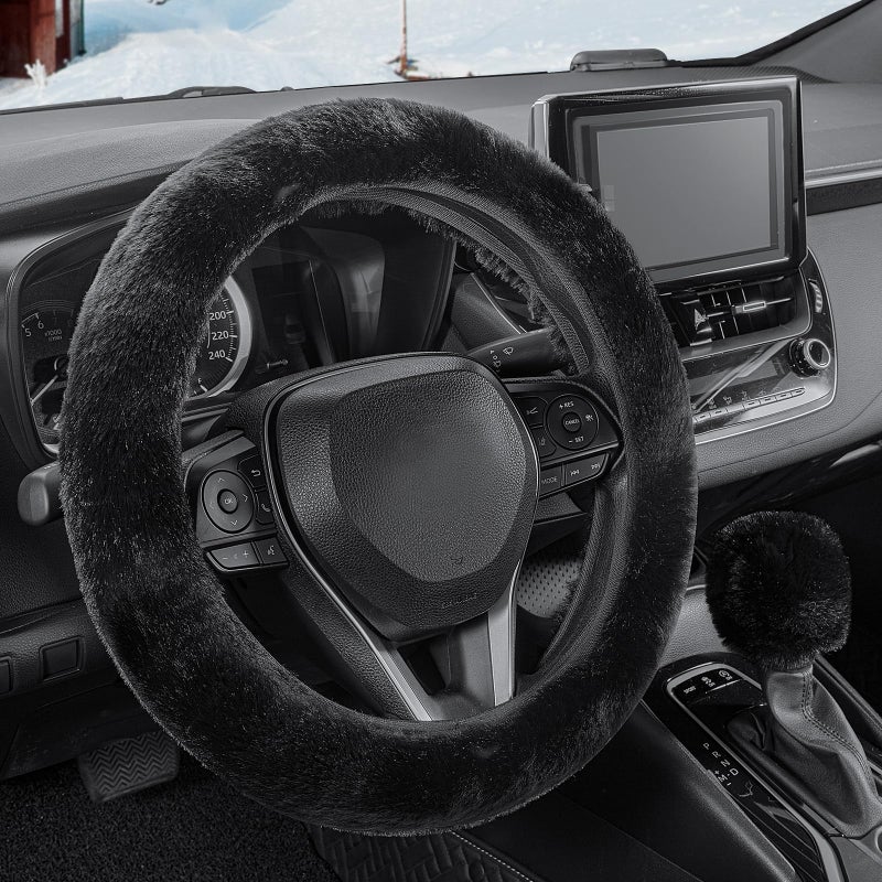 SEG Direct Furry Car Steering Wheel Cover with Fluffy Gear Shift Cover Soft Warm Non-Slip Car Decoration for Men Women Girls 2 PCS Set, Black - Image 1