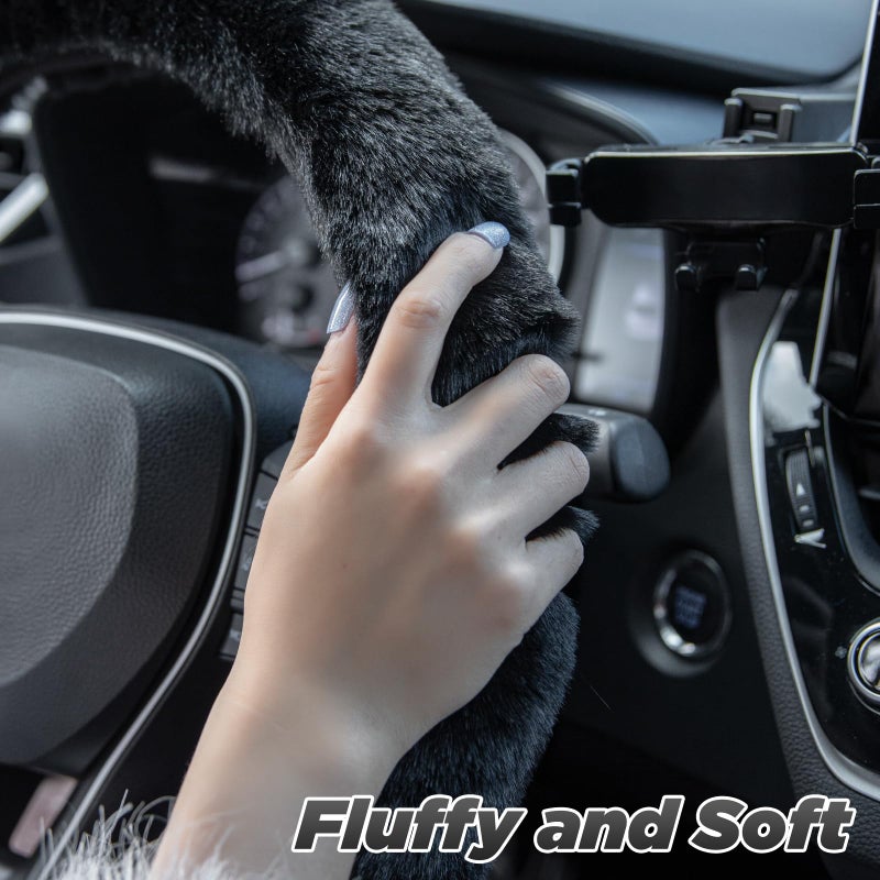 SEG Direct Furry Car Steering Wheel Cover with Fluffy Gear Shift Cover Soft Warm Non-Slip Car Decoration for Men Women Girls 2 PCS Set, Black - Image 3