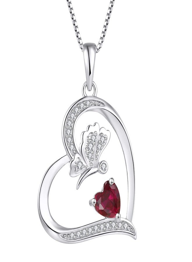 FJ Heart Butterfly Necklace for Women 925 Sterling Silver Ruby Necklace July Birthstone Pendant Jewelry Gifts for Wife Girlfriend Mom Daughter - Image 1