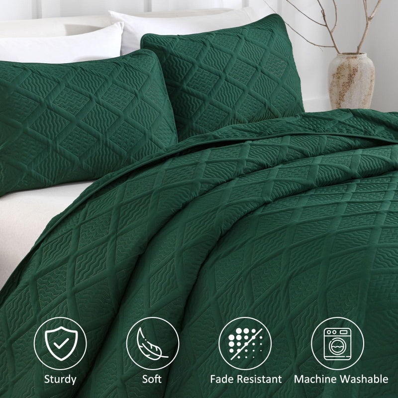 Yiran California King Quilt Set, Emerald Green Oversized Bedspread Bedding Set, Lightweight Diamond Pattern Soft Microfiber Modern Style Coverlet with 2 Pillow Shams 112x104 inch - Image 3
