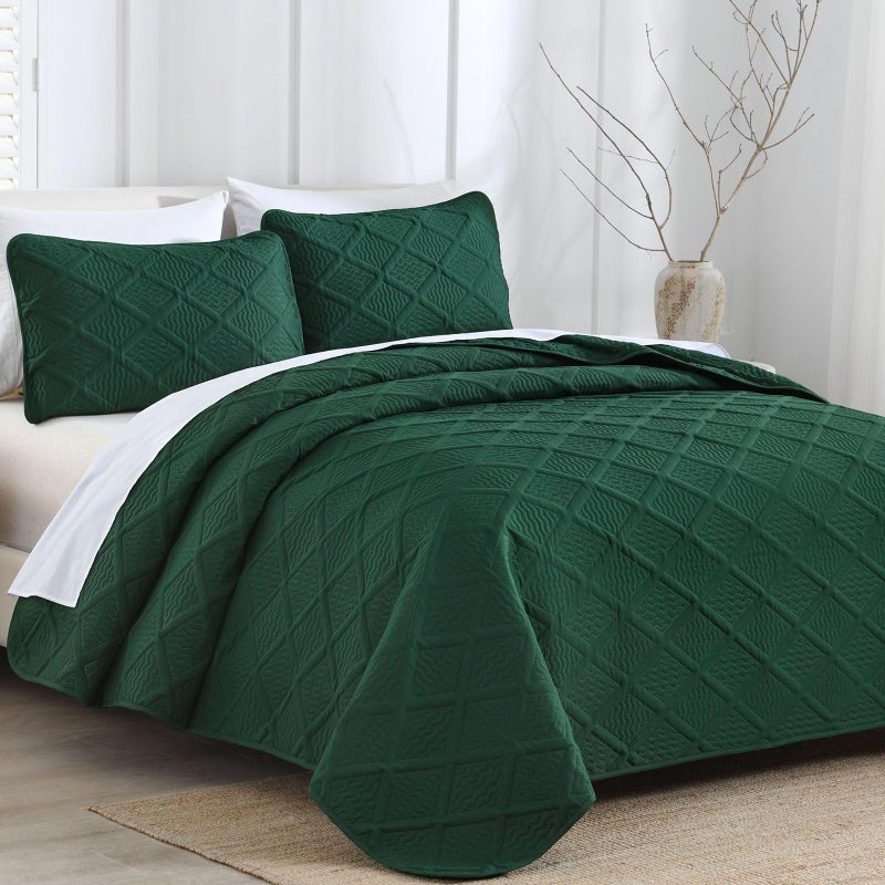 Yiran California King Quilt Set, Emerald Green Oversized Bedspread Bedding Set, Lightweight Diamond Pattern Soft Microfiber Modern Style Coverlet with 2 Pillow Shams 112x104 inch - Image 2