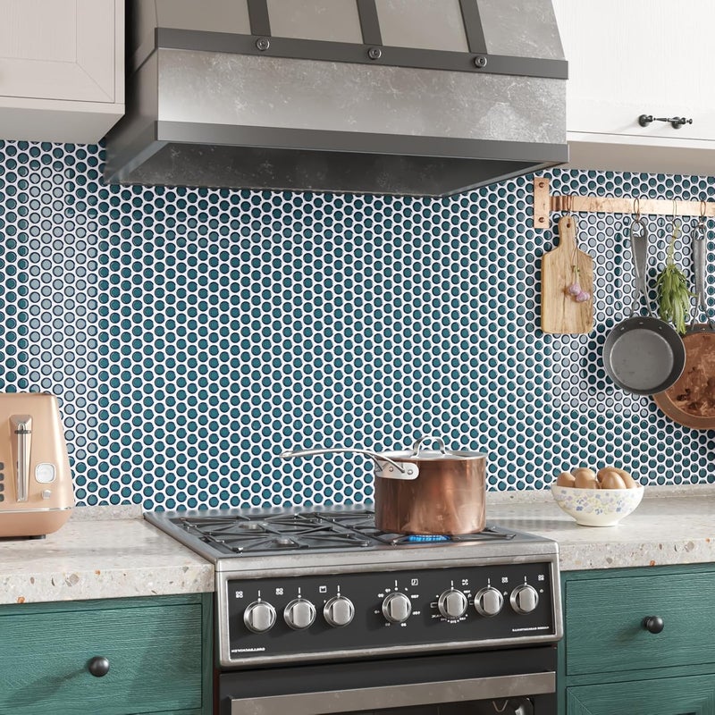 CRE8TIVE 16 Sheets Teal Blue Penny Round Tile Backsplash Peel and Stick for Kitchen Wall Mosaic Tile Peel and Stick for Bathroom Laundry Room Adhesive Renter Friendly Backsplash for Fireplace 12"x12" - Image 4