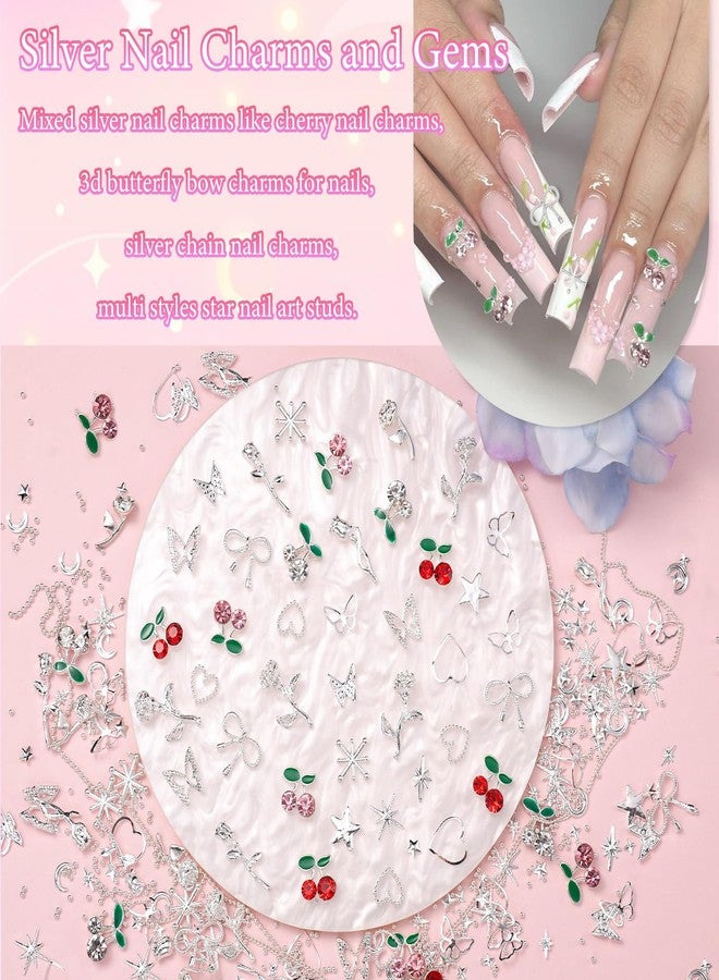 Uotey 2 Boxes Silver Nail Charms and Gems, 3D Cherry Nails Charms Star Flower Butterfly Alloy Nail Silver Charm, Mixed Star Butterfly Charms for Nails Art Studs DIY Accessories Y2K - Image 5