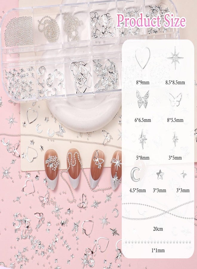 Uotey 2 Boxes Silver Nail Charms and Gems, 3D Cherry Nails Charms Star Flower Butterfly Alloy Nail Silver Charm, Mixed Star Butterfly Charms for Nails Art Studs DIY Accessories Y2K - Image 3