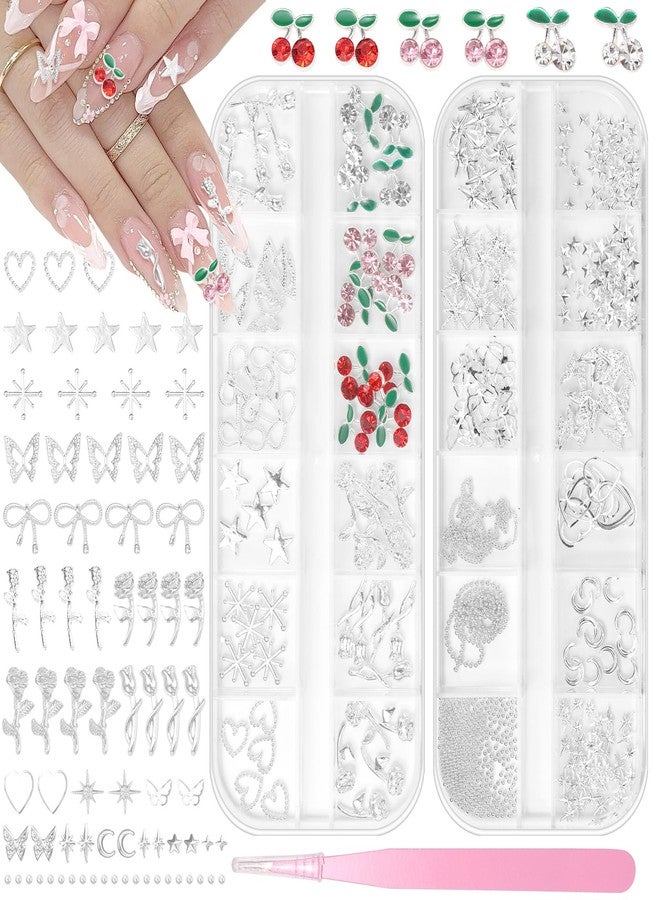 Uotey 2 Boxes Silver Nail Charms and Gems, 3D Cherry Nails Charms Star Flower Butterfly Alloy Nail Silver Charm, Mixed Star Butterfly Charms for Nails Art Studs DIY Accessories Y2K - Image 1