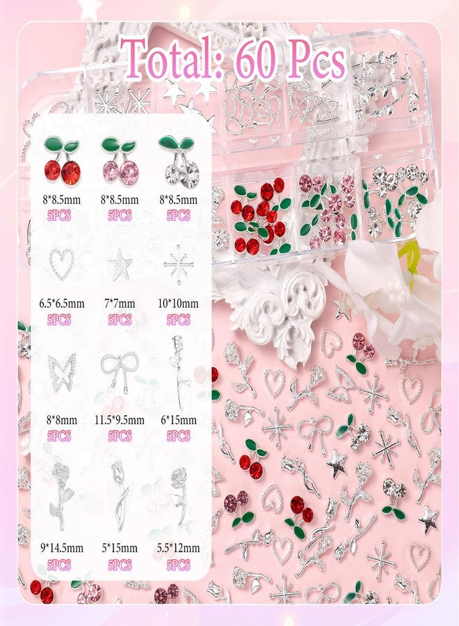 Uotey 2 Boxes Silver Nail Charms and Gems, 3D Cherry Nails Charms Star Flower Butterfly Alloy Nail Silver Charm, Mixed Star Butterfly Charms for Nails Art Studs DIY Accessories Y2K - Image 2