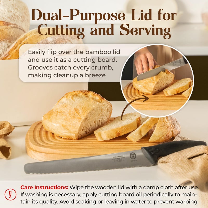 ABIOTO Extra Large Bread Box for Kitchen Countertop with 2 Bread Bags - Sturdy Modern Construction, Ribbed Design Keeps Bread Fresh Longer - Large Sourdough Bread Box with Cutting Board Lid (White) - Image 4