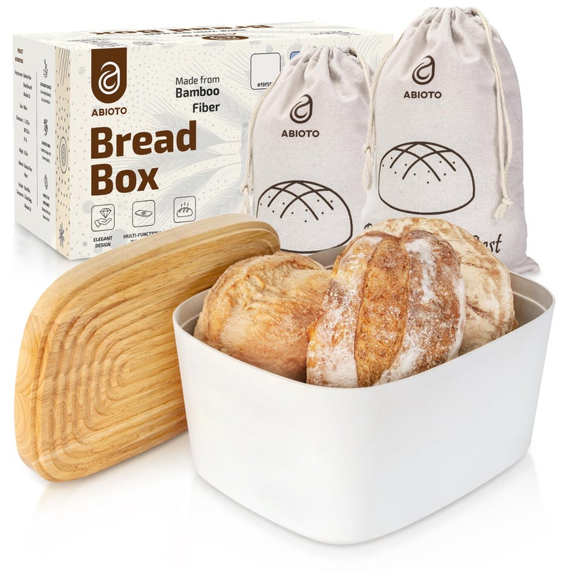 ABIOTO Extra Large Bread Box for Kitchen Countertop with 2 Bread Bags - Sturdy Modern Construction, Ribbed Design Keeps Bread Fresh Longer - Large Sourdough Bread Box with Cutting Board Lid (White) - Image 1