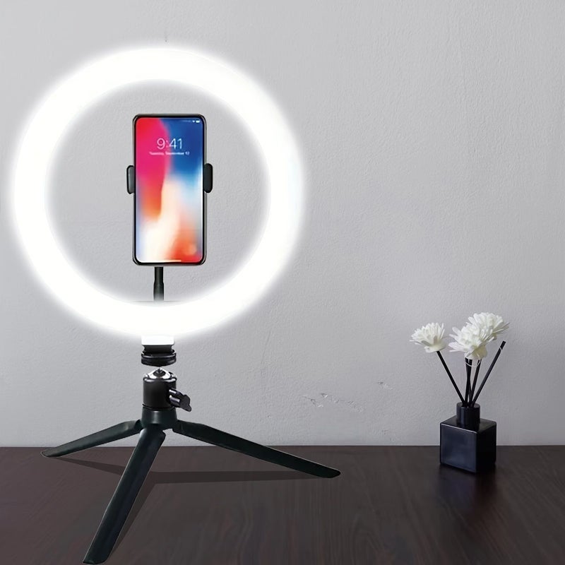 1 قطعة من حامل هاتف مع مرآة وإضاءة LED دائرية مقاس 10 بوصات للإضاءة التكميلية للمكياج والفيديو والتصوير الفوتوغرافي والسيلفي وتصوير الفيديو والبث المباشر – أسود - Image 2