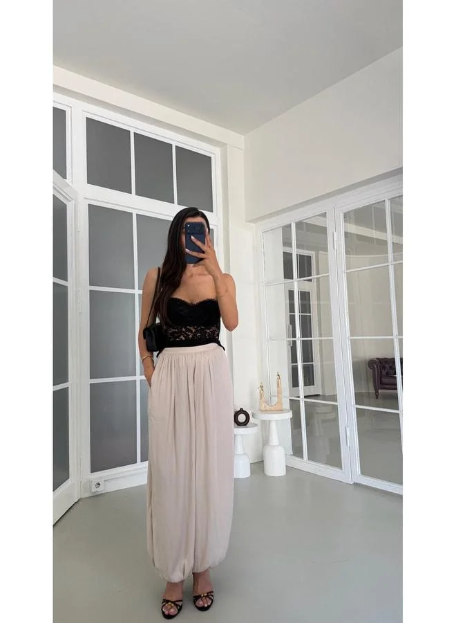 Beige Soft-Textured Satin Palazzo Pants GAUS-01812.