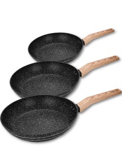 Auroware 3 Piece Non Stick Frying Pan Forged Aluminium Wooden Finish Handle Dishwasher Safe PFOA Free