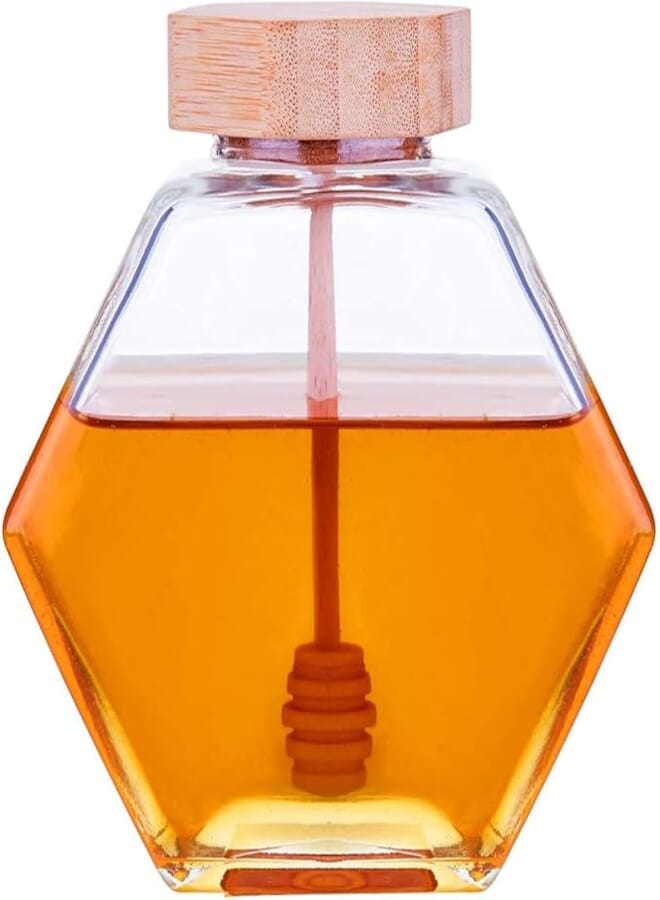 brandless Honey Pot Glass Honey Jar with Wooden Dipper and Cork Lid Cover for Home Kitchen, Clear 380ML Beehive Crystal Honey Jar Syrup Dispenser Honey Pot Glass Jar Commercial