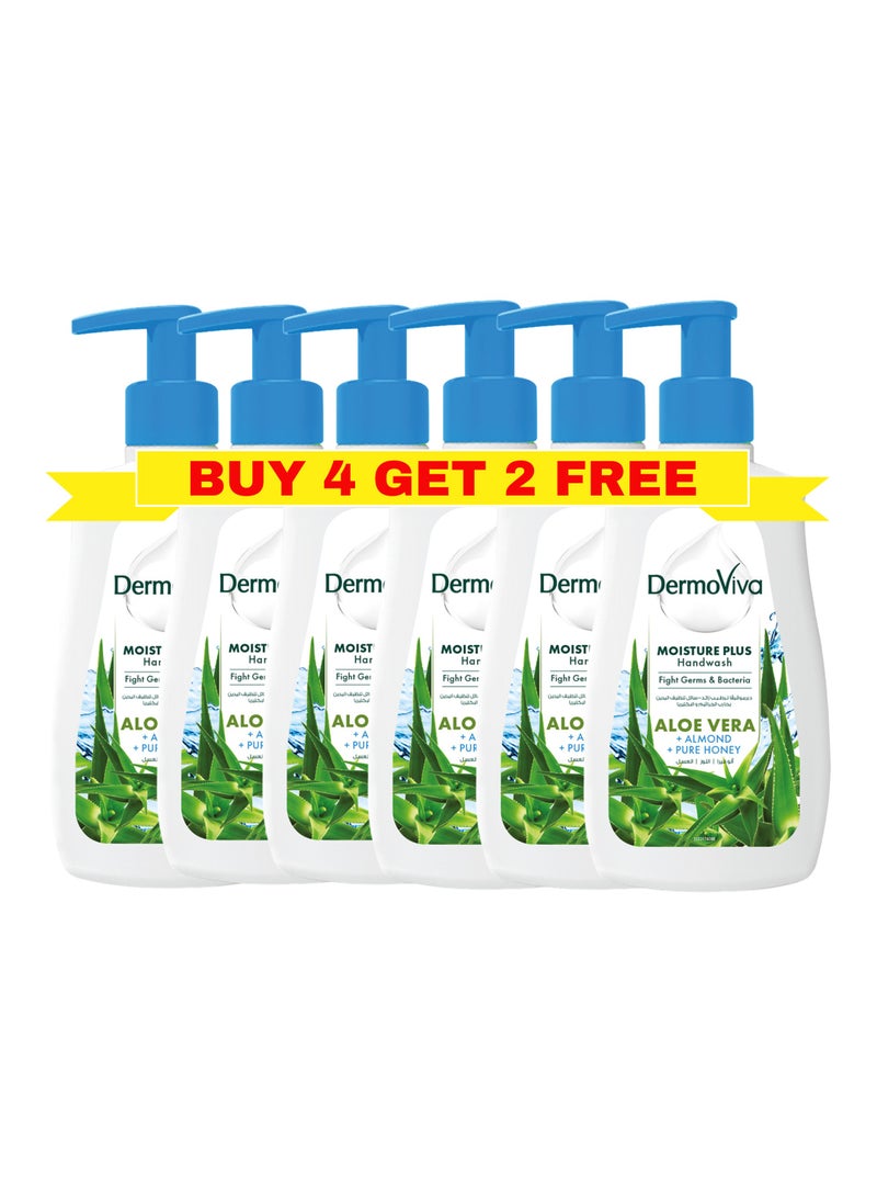 Dermoviva Moisture Plus Handwash (Buy 4 Get 2 Free) | Fights Germs & Bacteria | With Aloe Vera, Almond & Pure Honey Extracts | Anti-Bacterial | 6x200 ml - Image 1