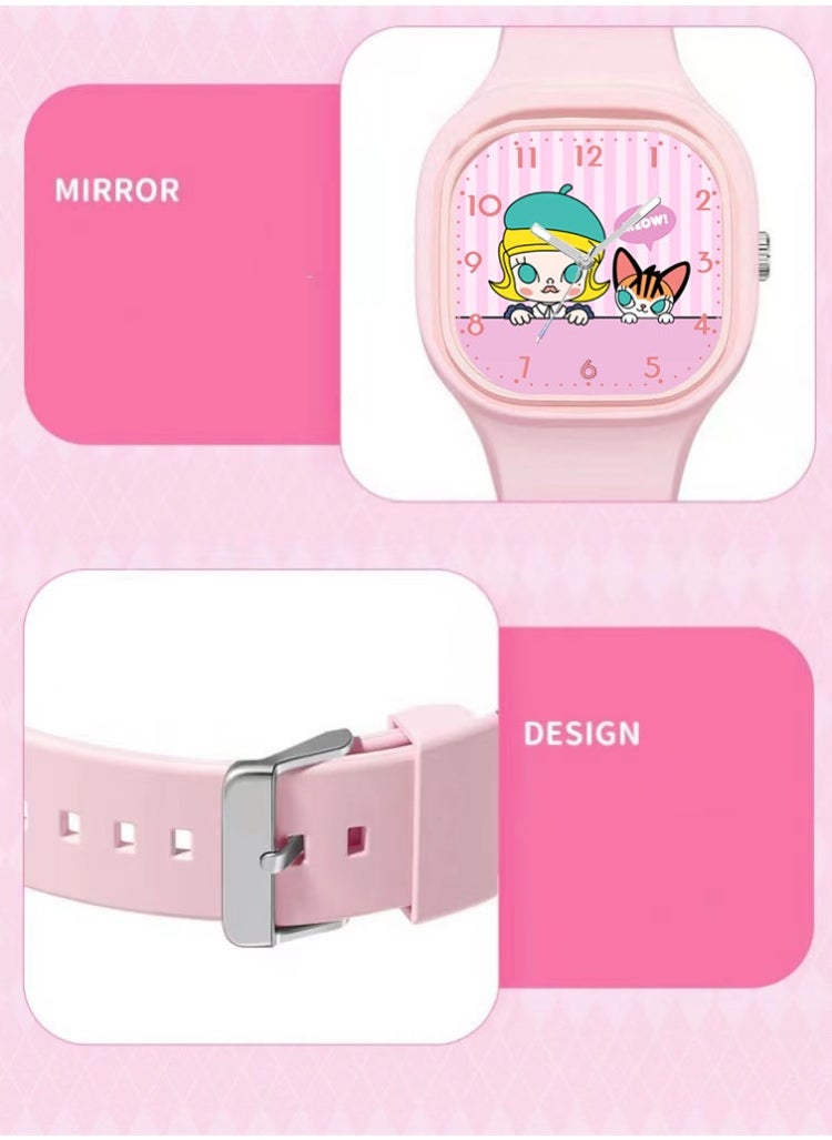 Pink square cartoon pop mart pattern children's watch silicone strap suitable for children of all ages gift watch  - Image 4