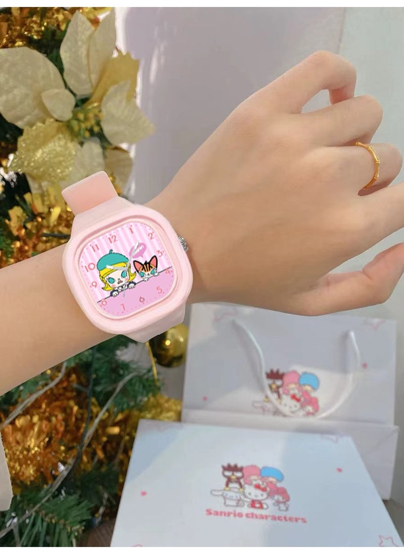 Pink square cartoon pop mart pattern children's watch silicone strap suitable for children of all ages gift watch  - Image 3