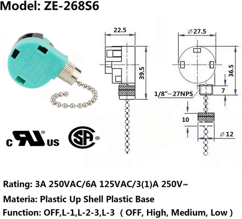 DAYONE Ceiling Fan Switch 3 Speed 4 Wire Zing Ear ZE 268S6 Pull Chain Switch Control Replacement 3 Speed Control Switch Ceiling Fans, Wall Lamps, Cabinet Light - Image 3