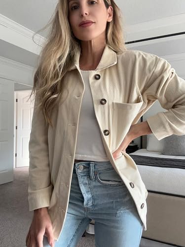 ZOLUCKY Women's Fall Shacket Jacket Corduroy Oversized Boyfriend Blouse Shirt Button Down Jacket Shackets, Off White Large - Image 2