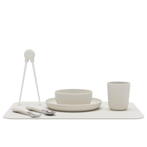 Lalo Big Bites Kids Dinnerware Full Set - Dishwasher Safe, BPA Free, Kids Tableware Set - Includes Stackable Bowl, Plate, Utensils & Cup - 7 Pieces - Oatmeal - Image 1