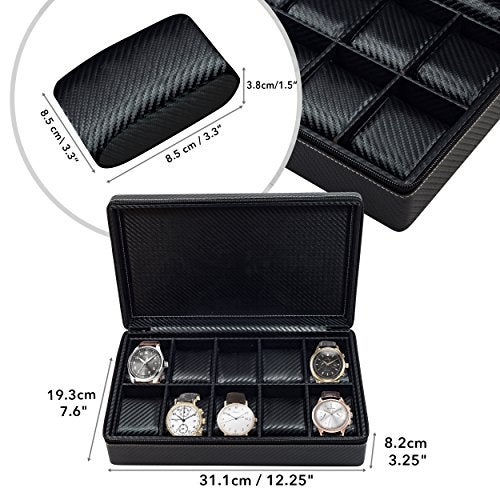 TimelyBuys 10 Watch Briefcase Black Carbon Fiber Zippered Travel Storage Case 50MM Father's Day - Image 2