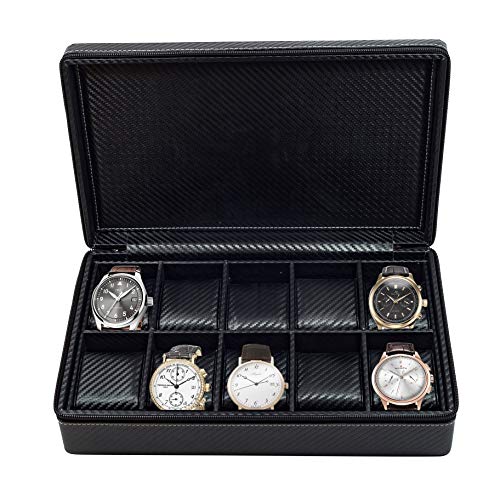 TimelyBuys 10 Watch Briefcase Black Carbon Fiber Zippered Travel Storage Case 50MM Father's Day - Image 1