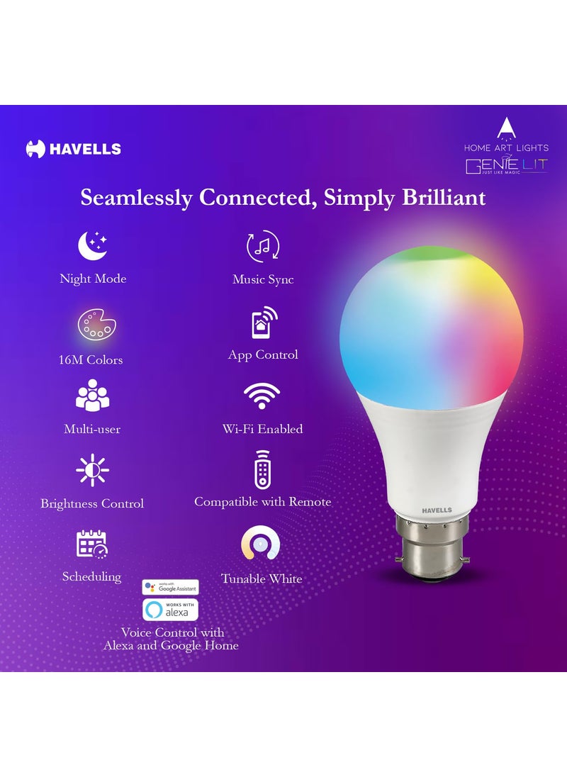 Havells Glamax 9W B22 WiFi LED Smart Bulb with Music Sync Function Compatible with Alexa and Google Assistant 16M Colours