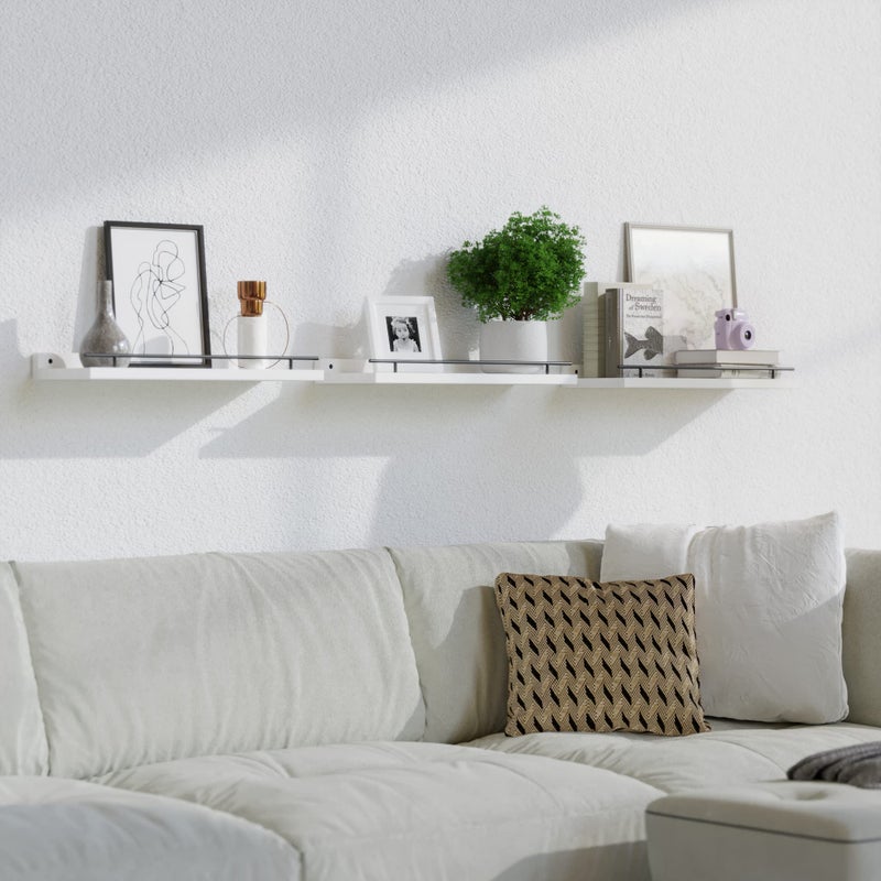 WOPITUES Floating Shelves with Black Metal Guardrail, Shelves for Wall Decor Set of 3, Wall Shelves for Bedroom, Bathroom, Kitchen, Living Room, Plants, Picture Frames, Art- Black and White - Image 5